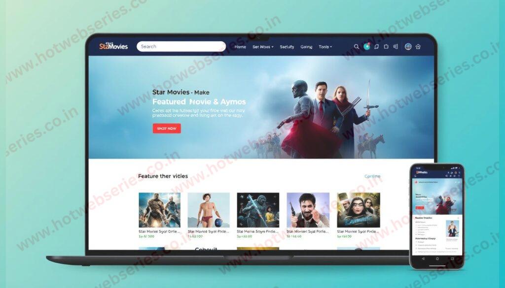A sleek, modern website interface for Star Movies, showcasing their latest movie schedules and showtimes. The page is designed with a clean, minimalist aesthetic, featuring a prominent search bar and intuitive navigation menus. In the center, a visually striking hero section displays the current featured film, complete with high-quality cinematic imagery and a brief synopsis. The layout is responsive, optimized for both desktop and mobile devices, allowing users to easily access the information they need, whether they're planning their next movie night or checking showtimes on-the-go. The overall mood is one of excitement and anticipation, capturing the essence of the Star Movies brand and its dedication to providing a top-notch entertainment experience. A sleek, modern website interface for Star Movies, showcasing their latest movie schedules and showtimes. The page is designed with a clean, minimalist aesthetic, featuring a prominent search bar and intuitive navigation menus. In the center, a visually striking hero section displays the current featured film, complete with high-quality cinematic imagery and a brief synopsis. The layout is responsive, optimized for both desktop and mobile devices, allowing users to easily access the information they need, whether they're planning their next movie night or checking showtimes on-the-go. The overall mood is one of excitement and anticipation, capturing the essence of the Star Movies brand and its dedication to providing a top-notch entertainment experience.